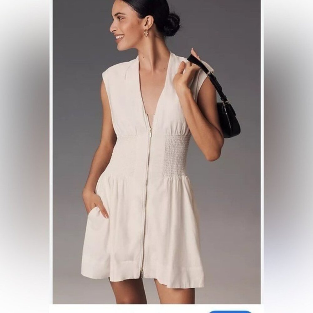 New Anthropologie Dress The Tommie Smocked Front-Zip  size XL white Mini